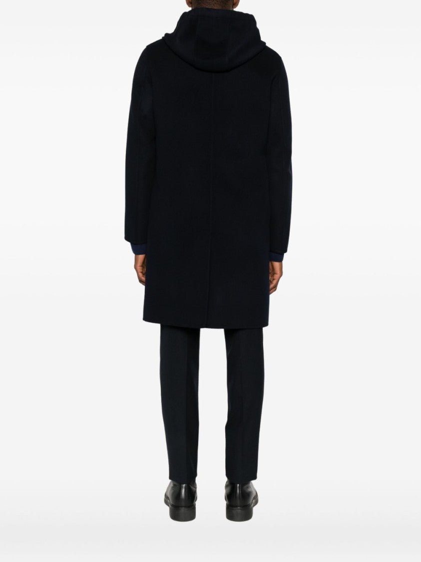 Lardini Classic Black Virgin Wool Coat With Hood And Front Button Fastening