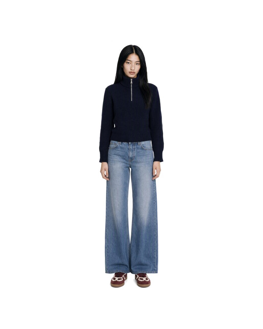Max Mara Navy Blue Ribbed Virgin Wool High-Neck Half-Zip Sweater