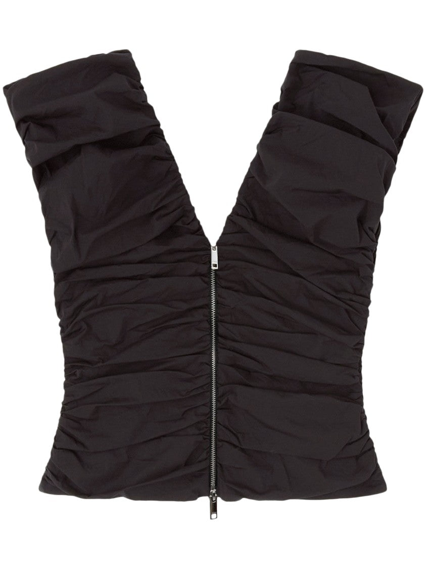 Ganni Ruched Black Cotton Top With Puffed Sleeves
