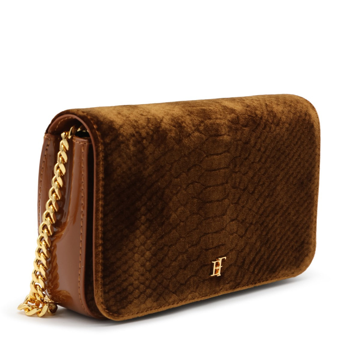 Elisabetta Franchi Structured Brown Velvet Gold Accent Shoulder Bag