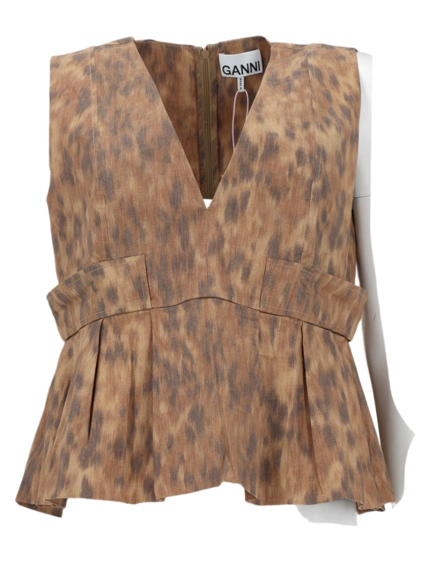 Ganni Animal Print V-Neck Peplum Blouse