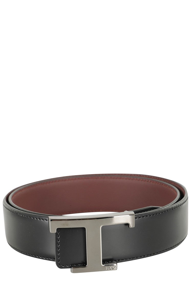 Tod's Black New T Belt Silver-Logo Calfskin Leather Belt