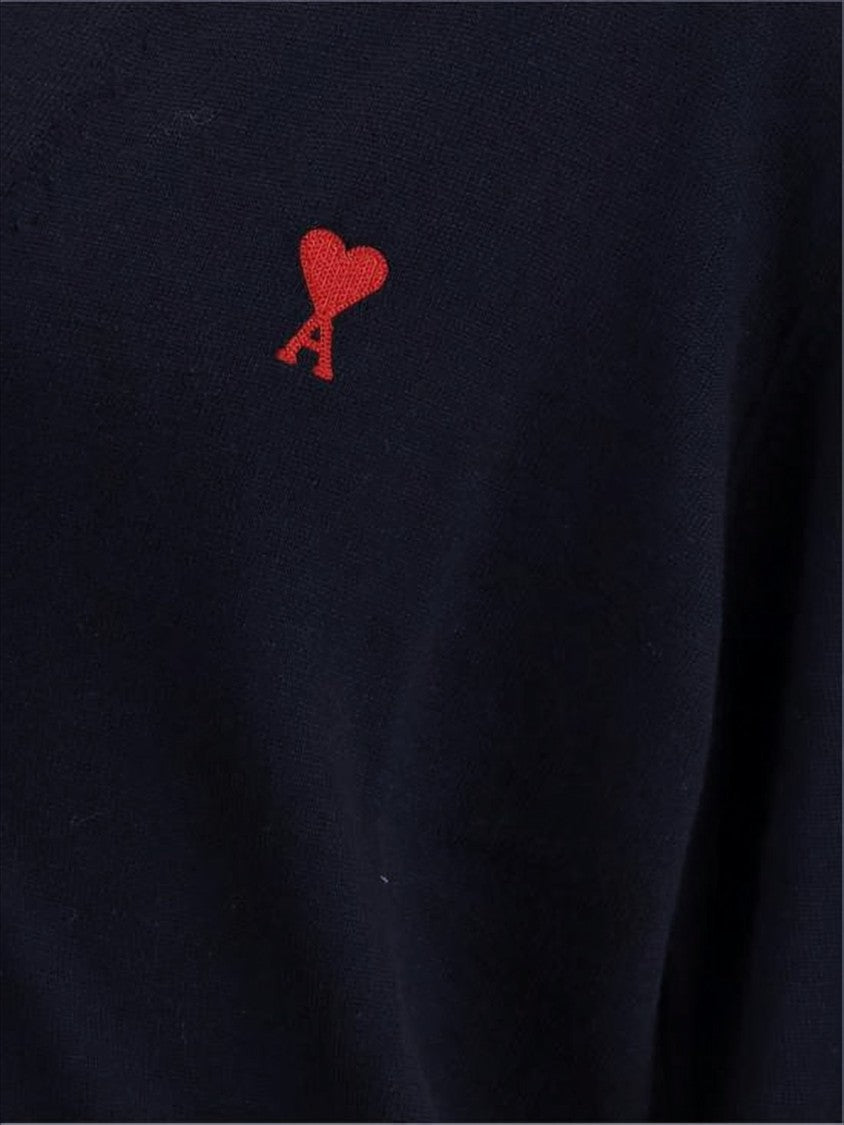 Ami V-Neck Wool Cardigan With Embroidered Heart Detail