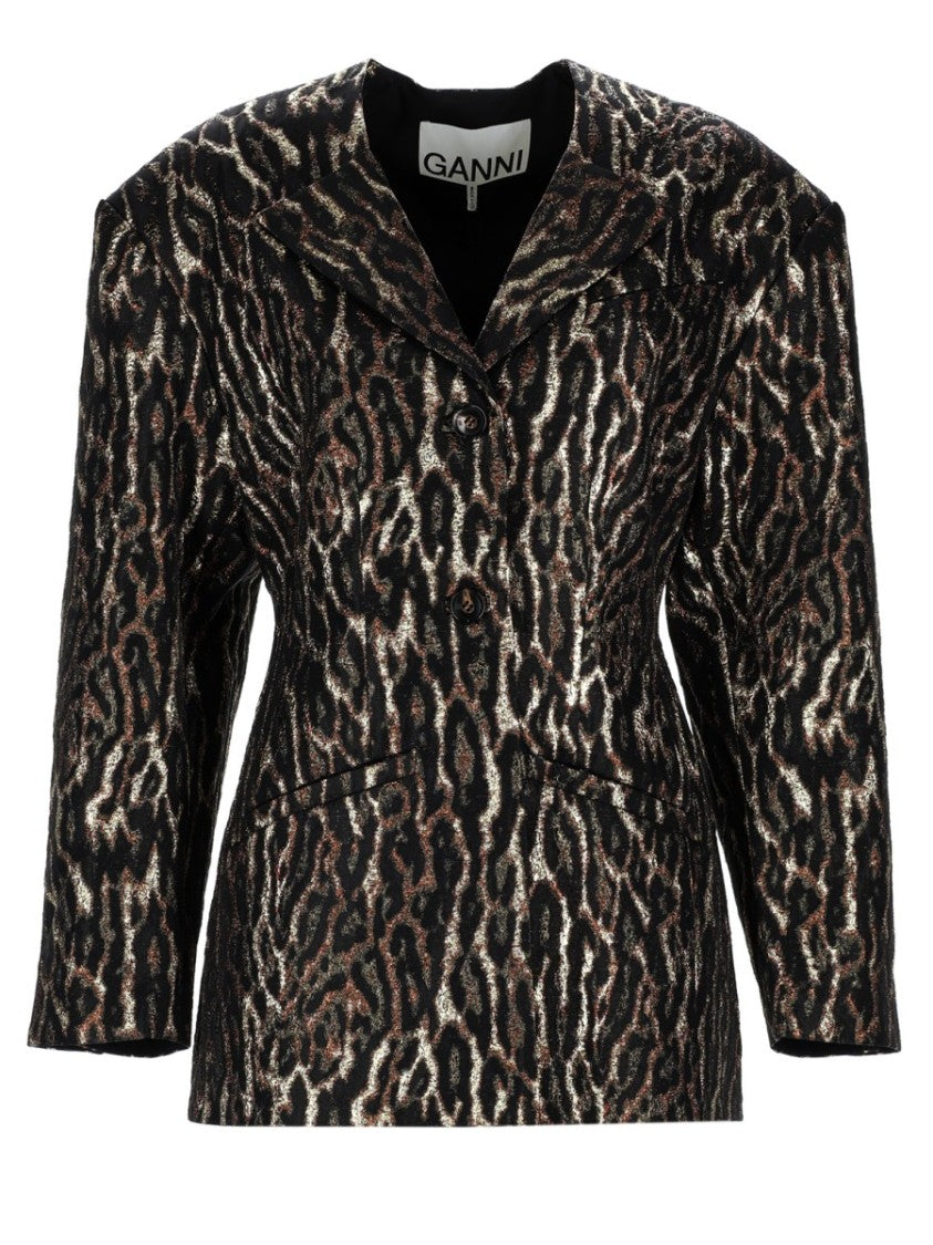 Ganni Animal Print Structured Notched Collar Blazer