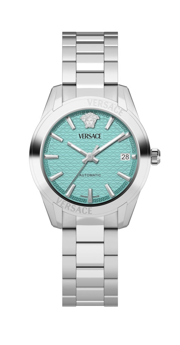Versace Greca Classic Automatic Wristwatch With Turquoise Dial And Exhibition Back