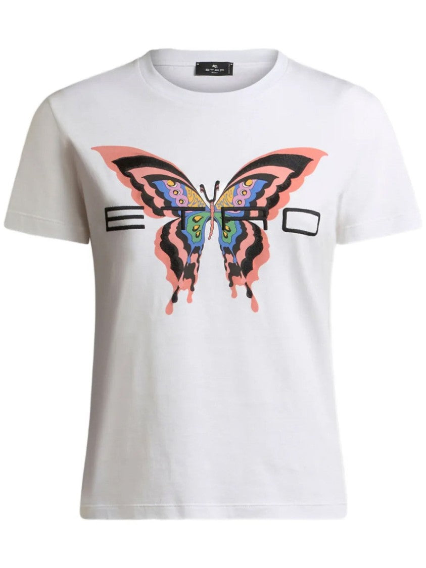 Etro White Short-Sleeve Butterfly Print Cotton T-Shirt