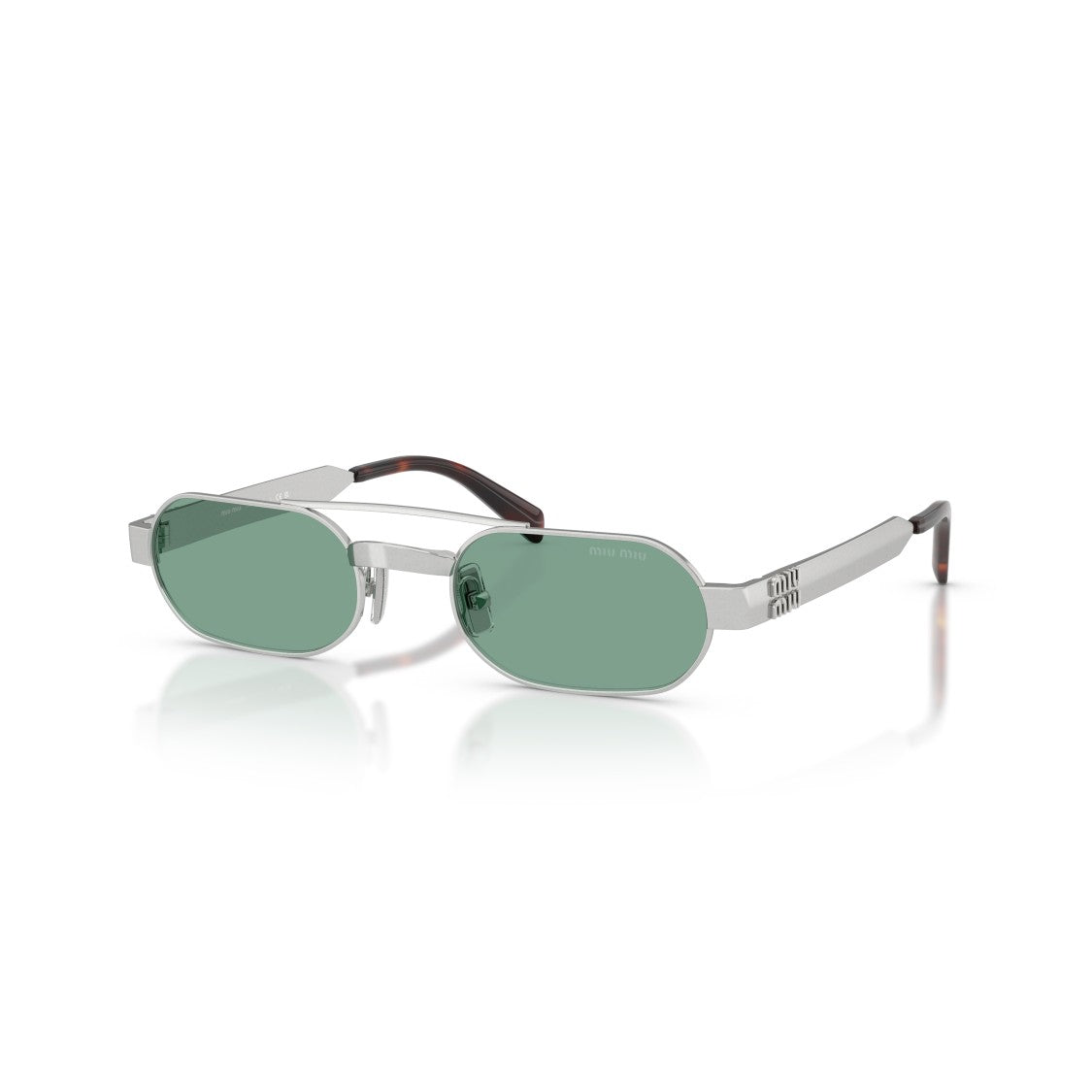 Miu Miu Rectangular Green Lens Sunglasses With Silver Metal Frame