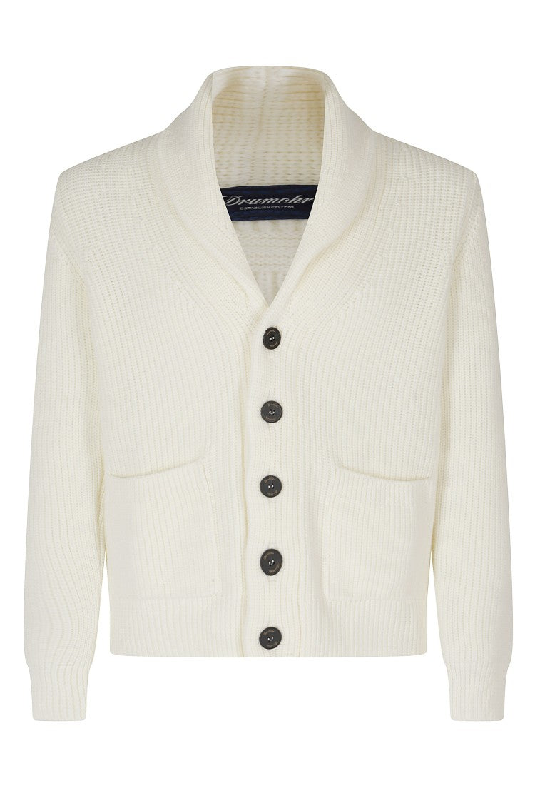 Drumohr Cream Shawl Collar Ribbed Knit Virgin Wool Cardigan