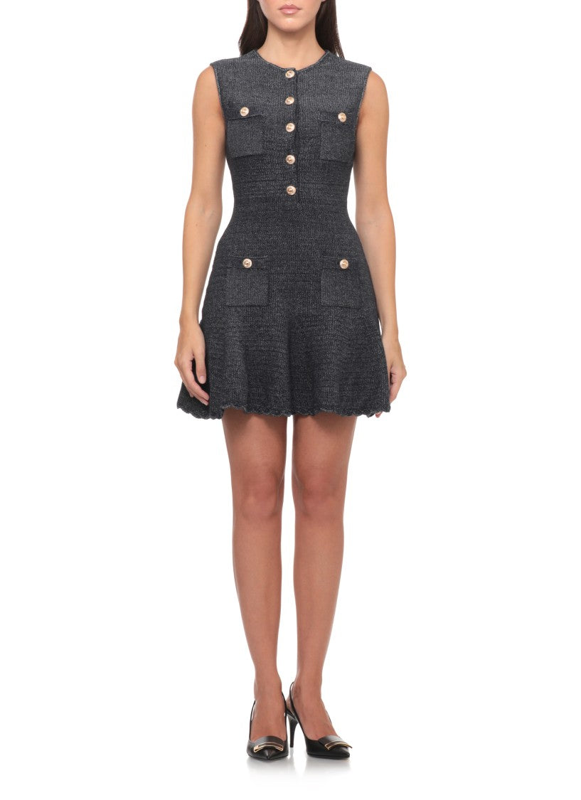 Self-Portrait Denim Midi Dress With Jewel Buttons And Flared Skirt