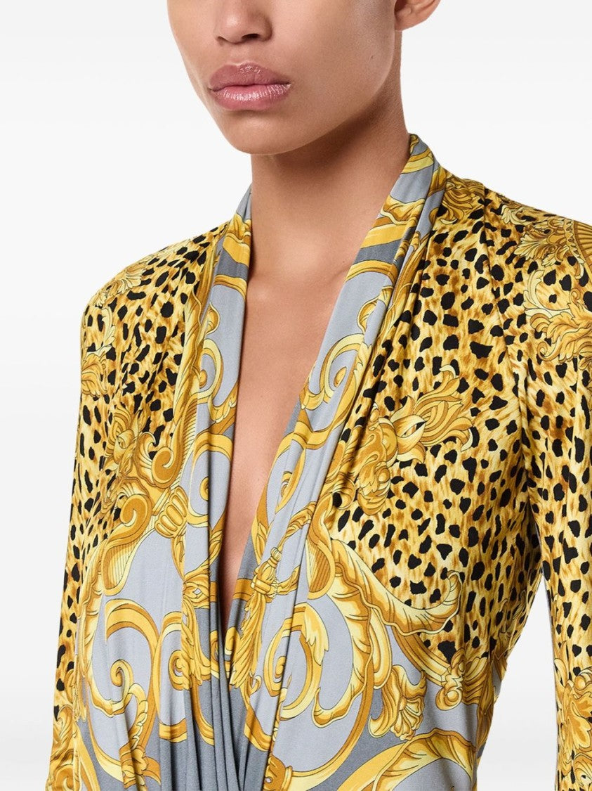 Versace Baroque-Print Deep V-Neck Bodysuit