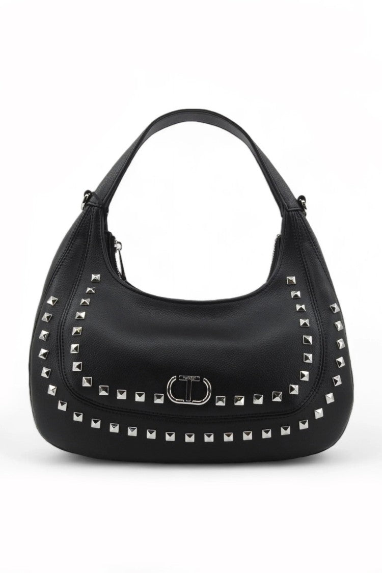 Twin-Set Black Pyramid Stud Trim Twist-Lock Leather Shoulder Bag