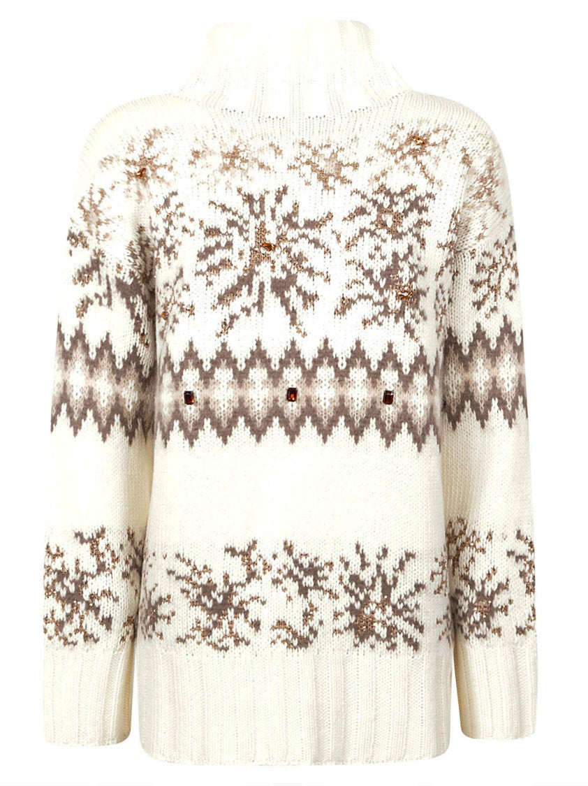 Fabiana Filippi High Neck Knit Sweater With Patterned Motif And Embellishments