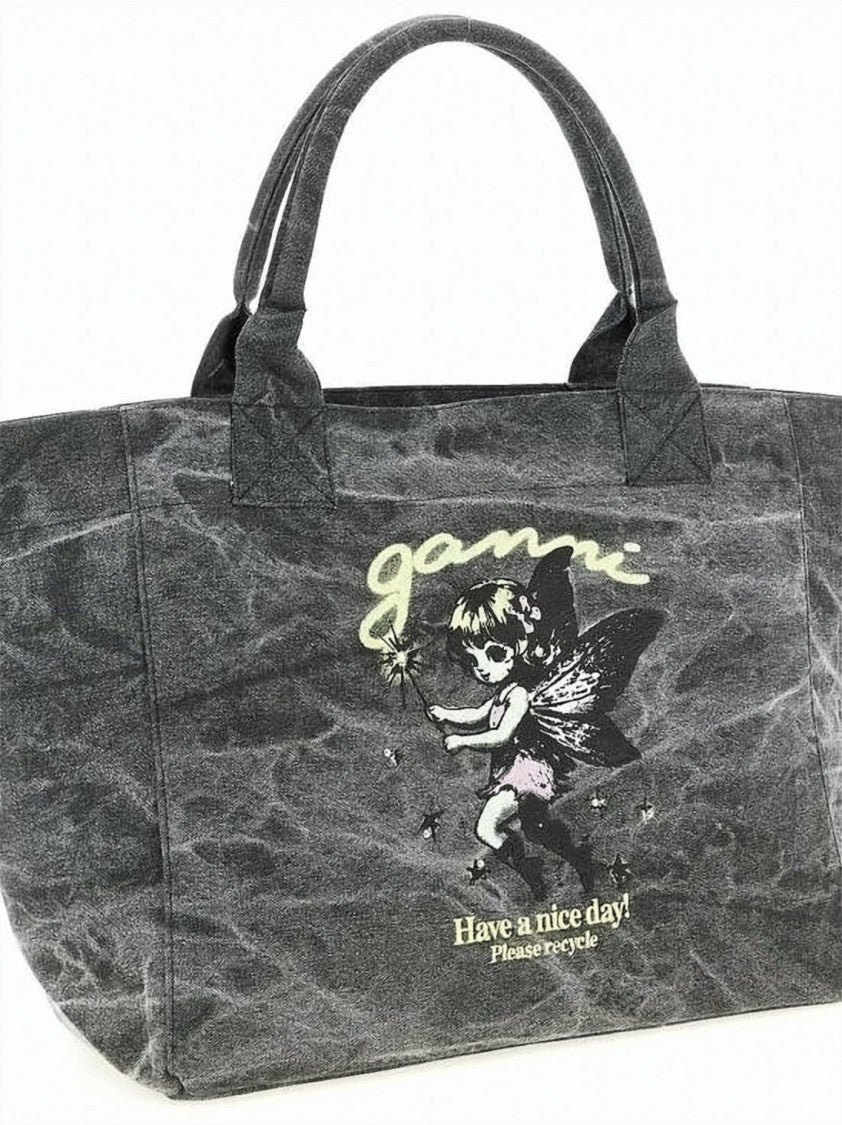 Ganni Textured Cotton Tote Bag With Graphic Print