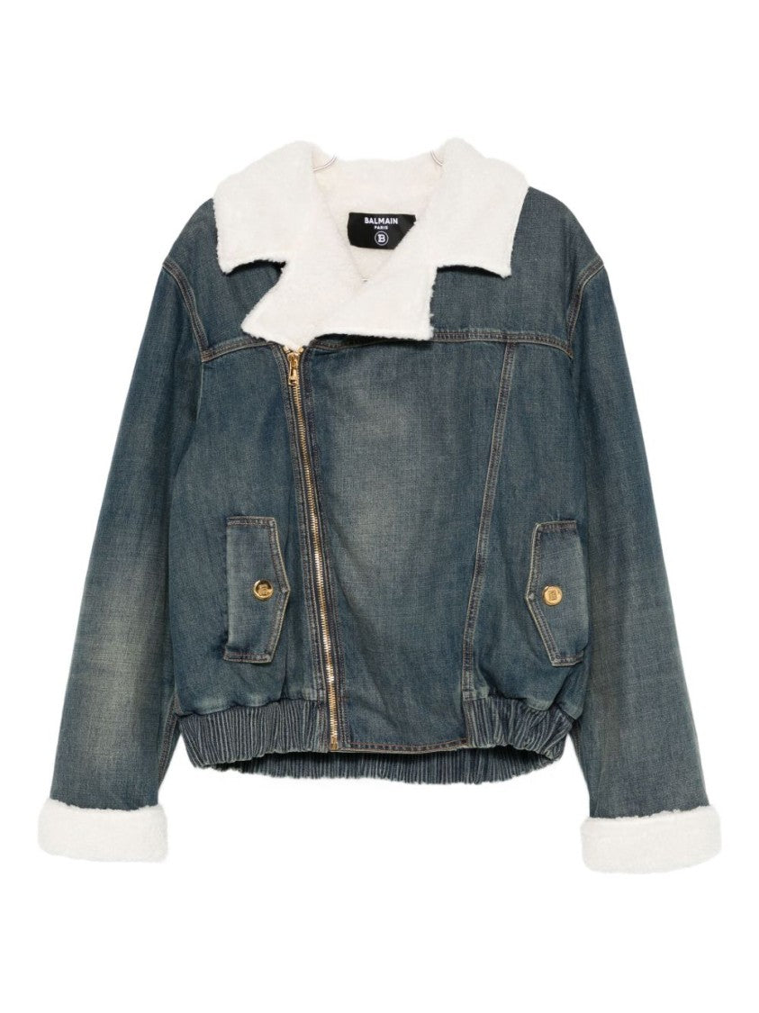 Balmain Blue Denim Shearling Collar Zip Jacket