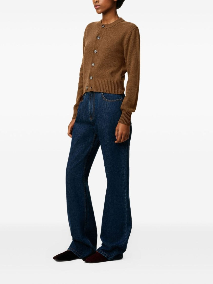 Ami Cropped Brown Wool Cardigan With Crew Neck And Ami De Coeur Embroidery