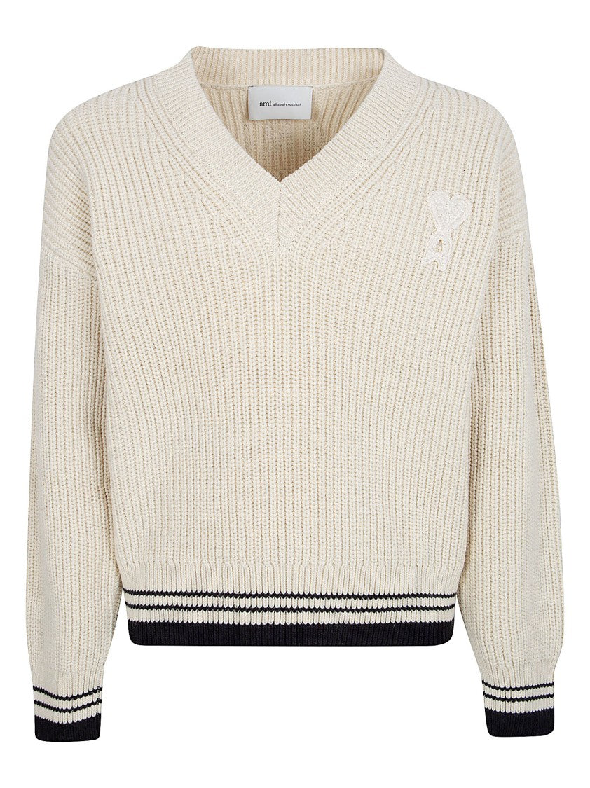 Ami Paris Ribbed Knitted Sweater With V-Neckline And Crochet Accents