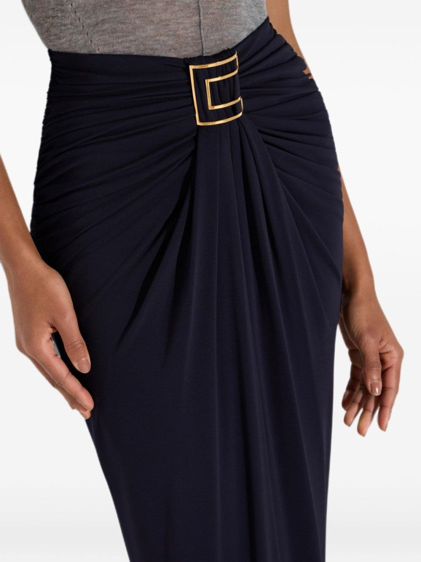 Elisabetta Franchi Black High-Waisted Fitted Ruching Midi Skirt