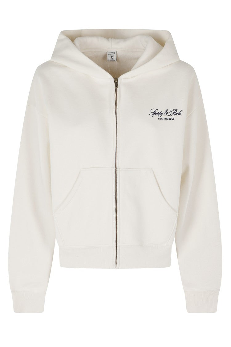 Sporty And Rich Cream La Embroidered Logo Zipped Cotton Hoodie