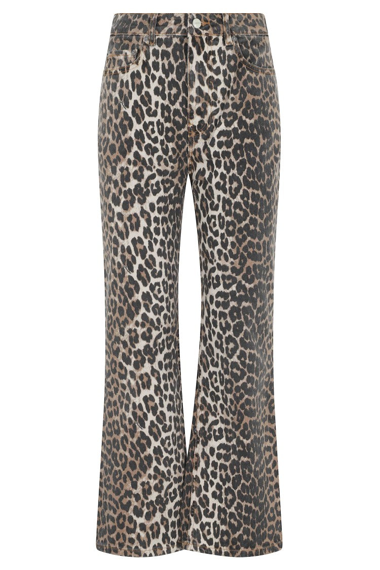 Ganni Leopard Print Denim Betzy Cropped Flared Cotton Jeans