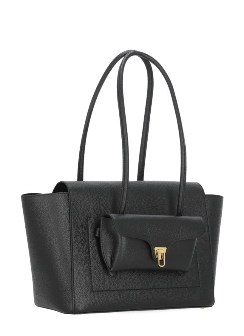 Coccinelle Large Pebbled Leather Shoulder Bag With Gold Hardware