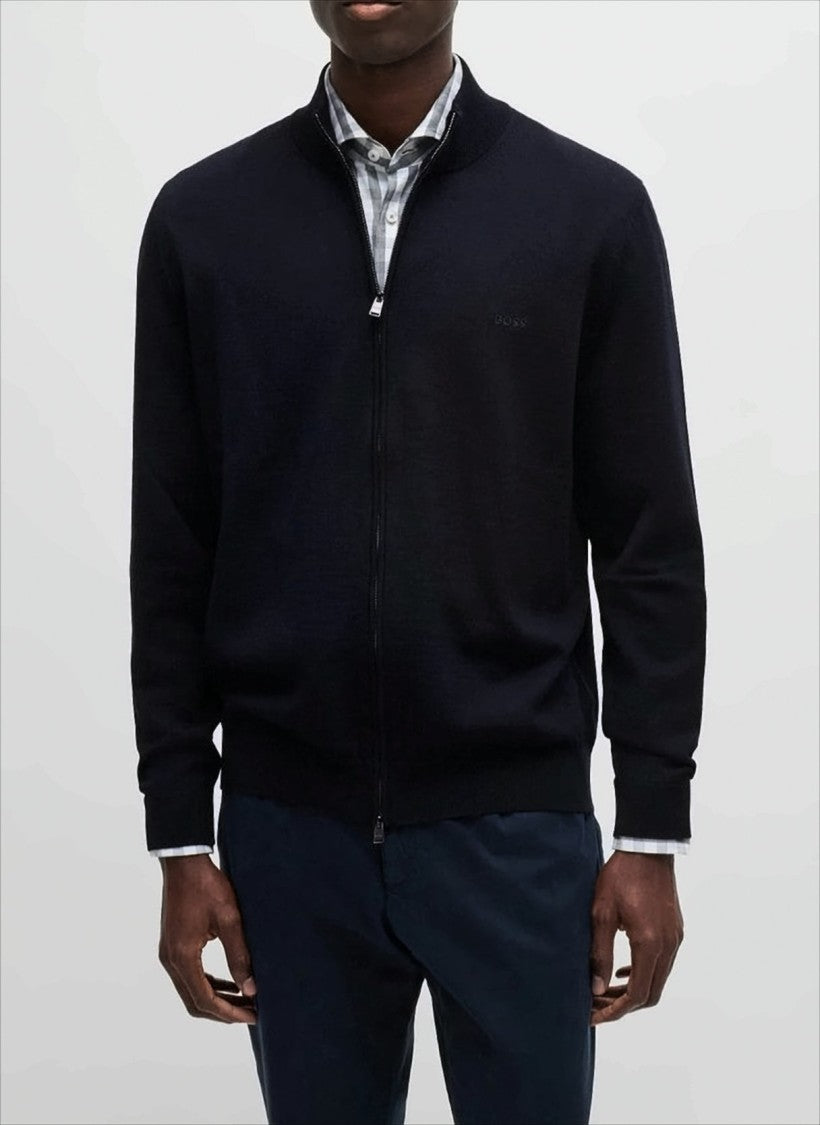 Boss Mandarin Collar Blue Cardigan With Tailored Fit