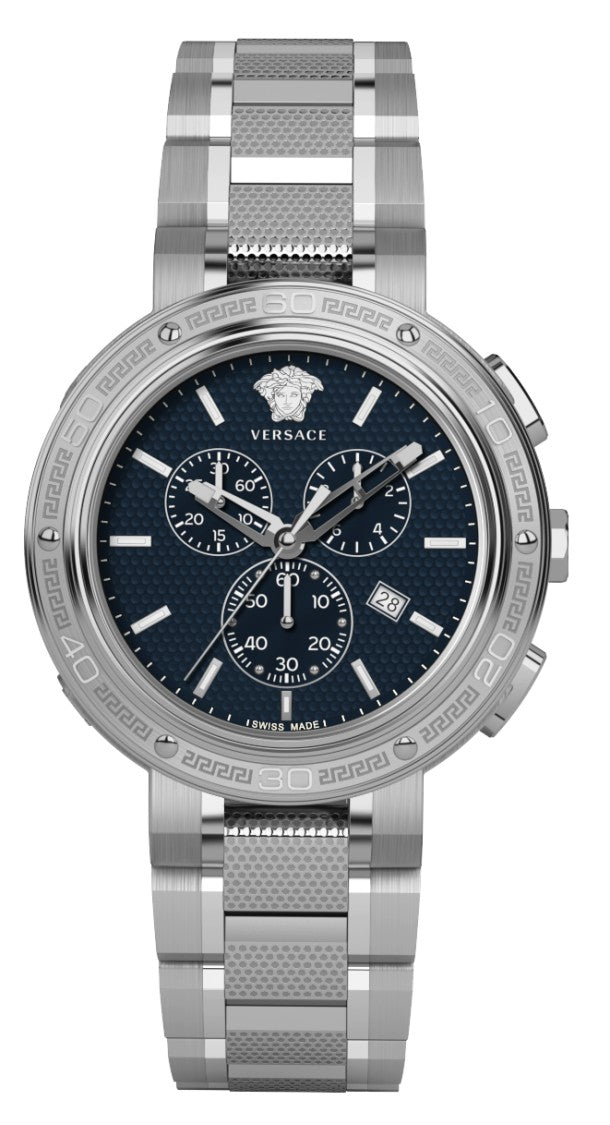 Versace Chronograph Timepiece With Blue Analog Dial And Stainless Steel Bracelet