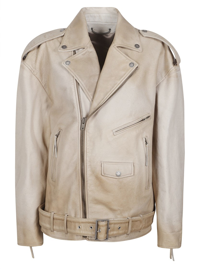 Golden Goose Beige Buckled Belt Leather Leather Jacket
