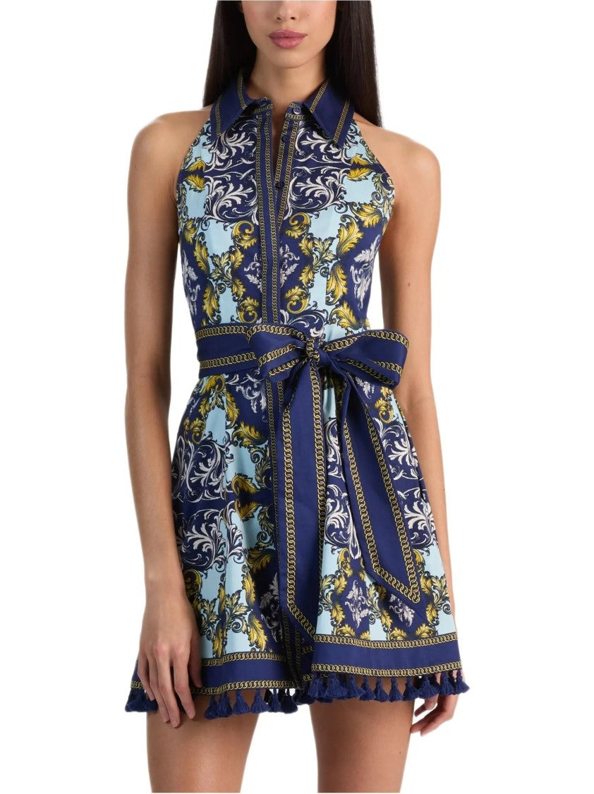 Alice Olivia By Stacey Bendet Blue Lucy Halterneck Cotton Mini Dress