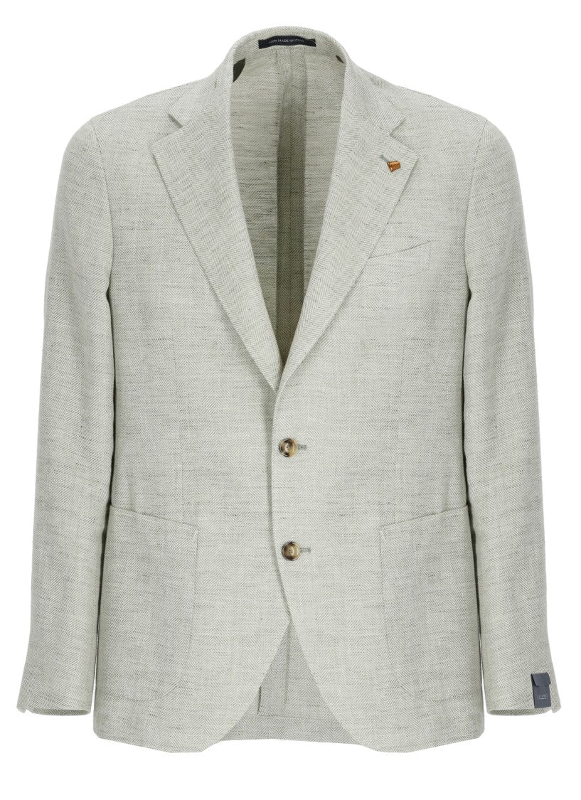 La Torre Red Green Herringbone Pattern Linen-Wool Blazer