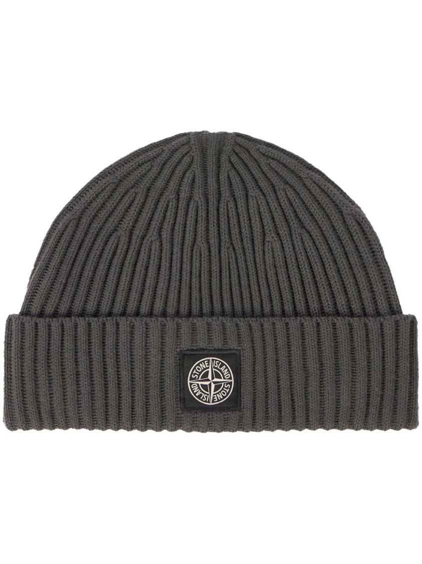 Stone Island Ribbed Knit Wool Beanie With Folded Cuff
