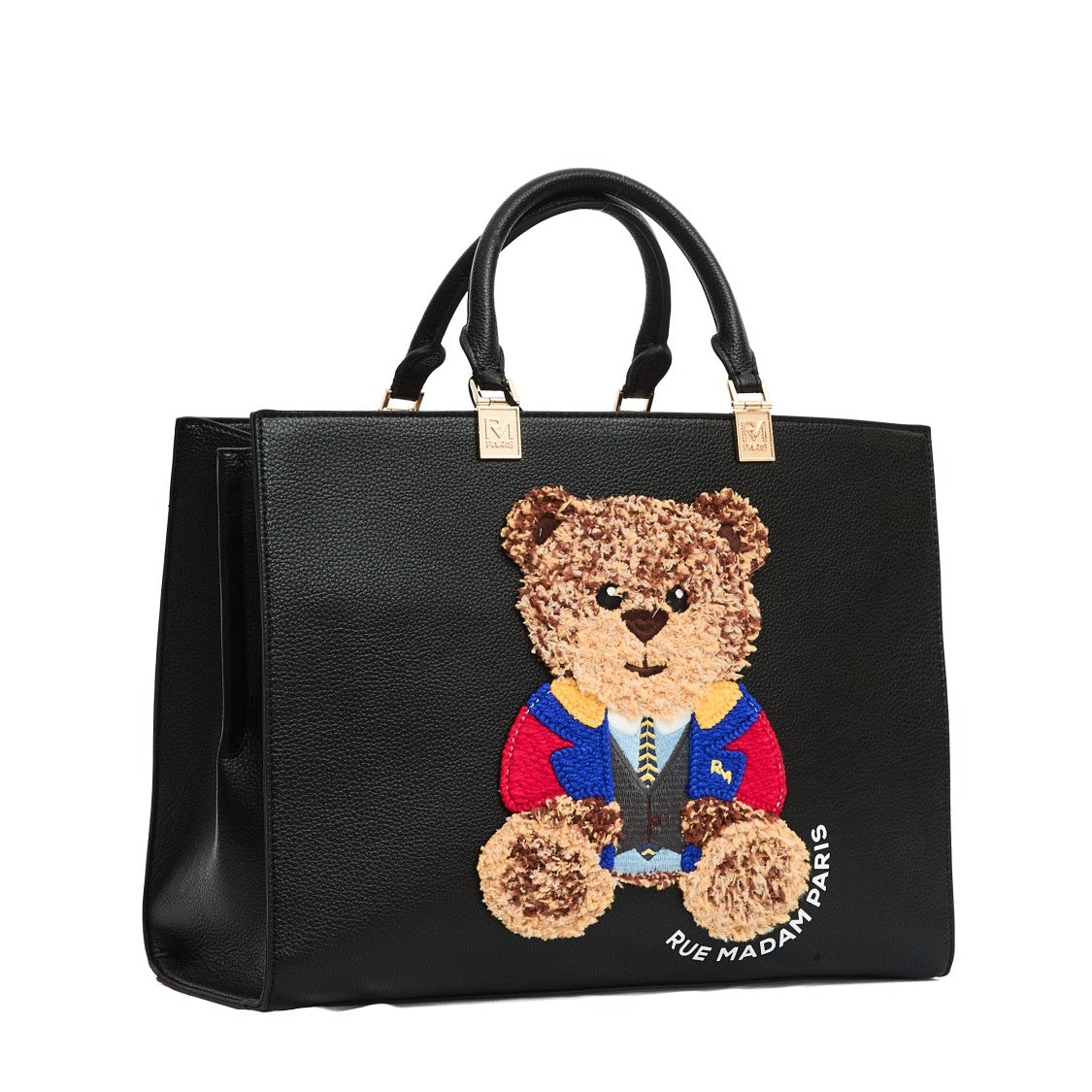 Rue Madame Textured Leather Tote Bag With Teddy Bear Applique