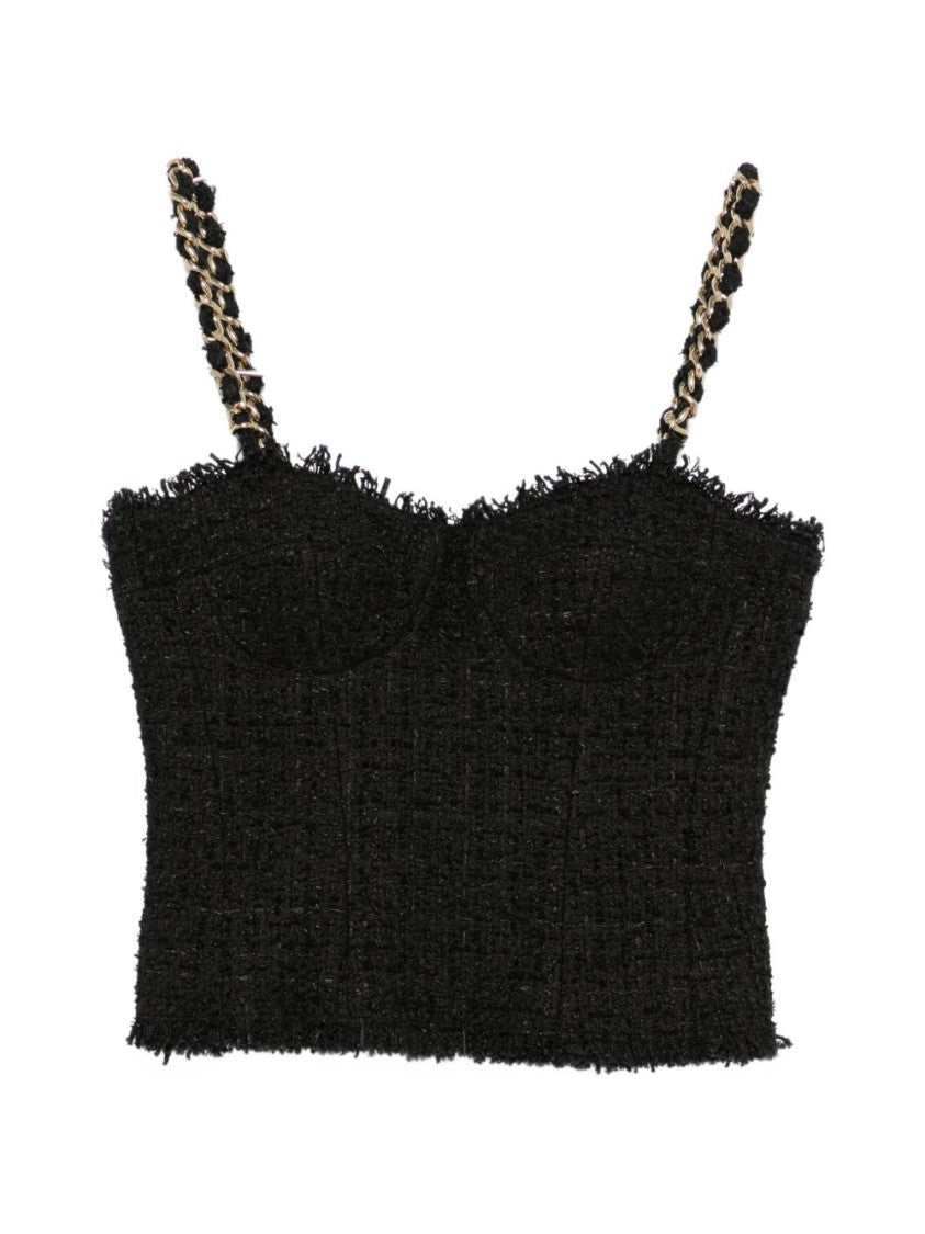 Balmain Tweed Chain-Link Cropped Top - Black