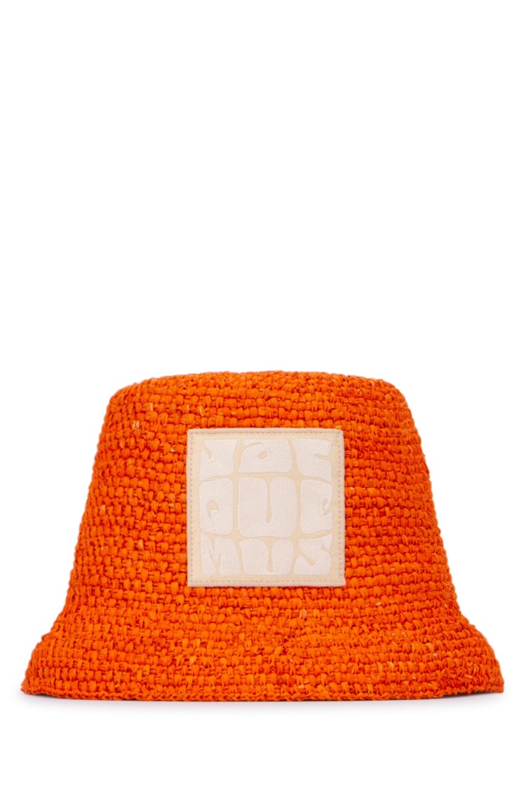 Jacquemus Textured Orange Woven Bucket Hat With Logo Patch