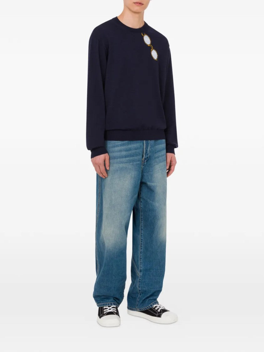 Moschino Dark Navy Blue Knit Sweater With Unique Embroidery