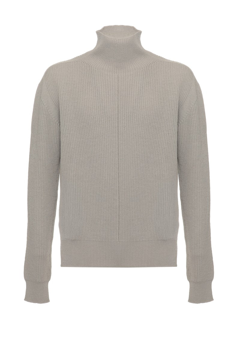 Rick Owens Grey Ribbed Knit High-Neck Sweater