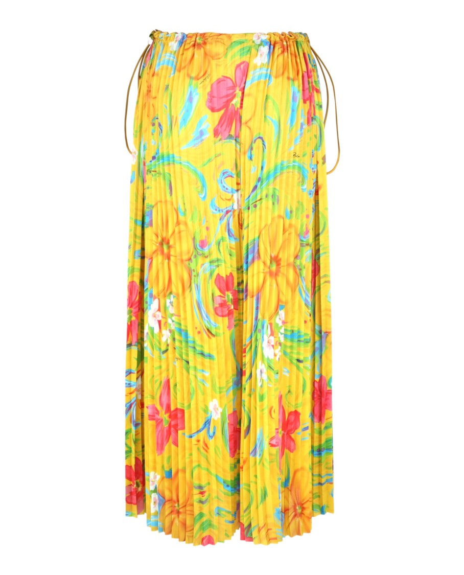 Balenciaga Neon Floral-Print Pleated Midi Skirt With Adjustable Drawstring