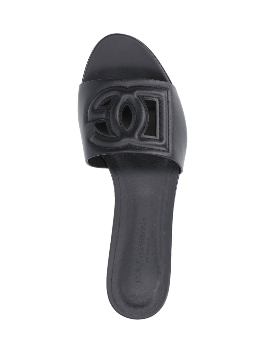 Dolce & Gabbana Black Dg Leather Slides Sandals