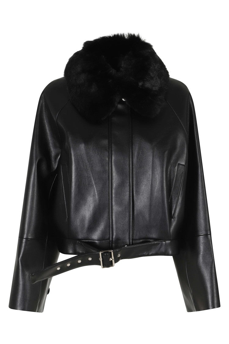 Isabelle Blanche Black Faux Leather Fur Collar Bomber Jacket