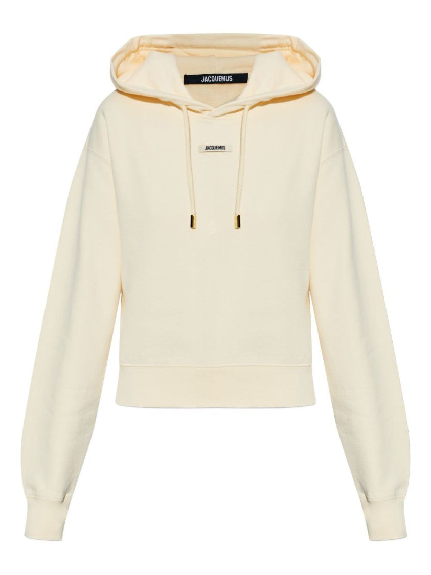 Jacquemus Cropped Beige Sweatshirt With Hood And Logo Patch