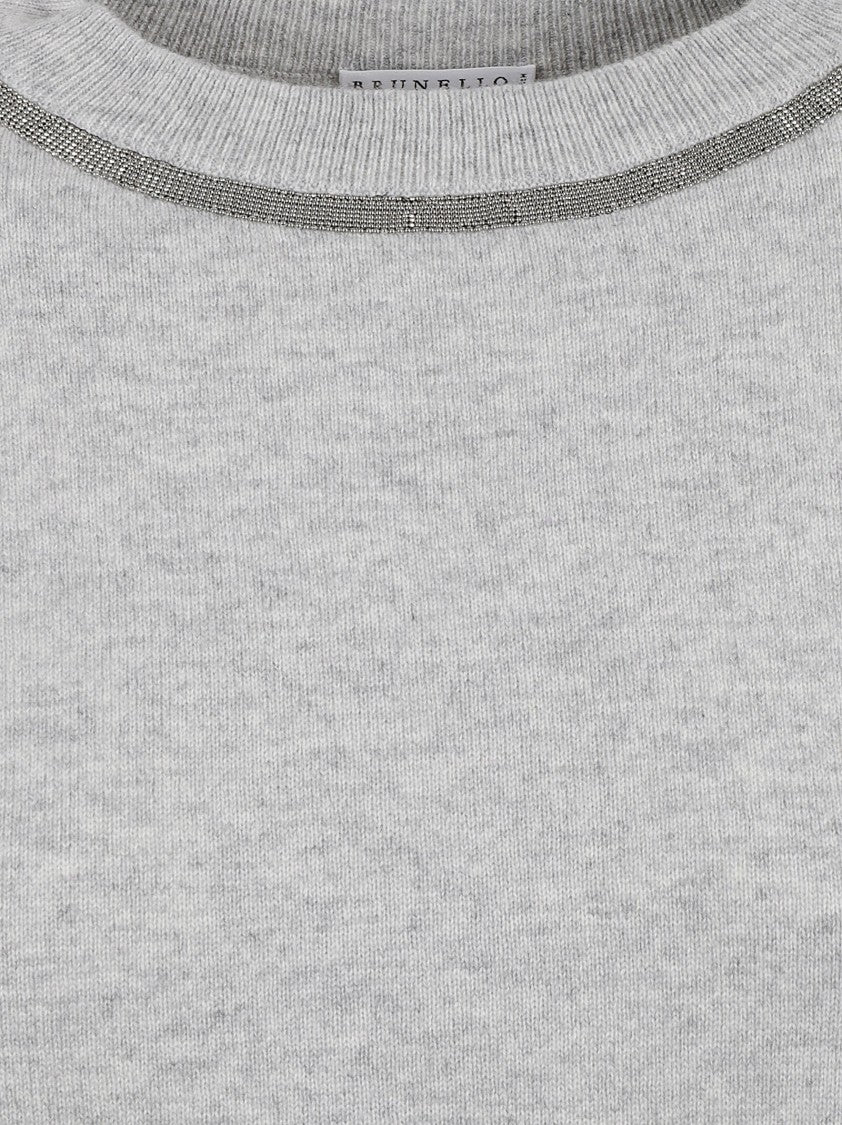 Brunello Cucinelli Gray Cashmere Sweater With Classic Crew Neckline