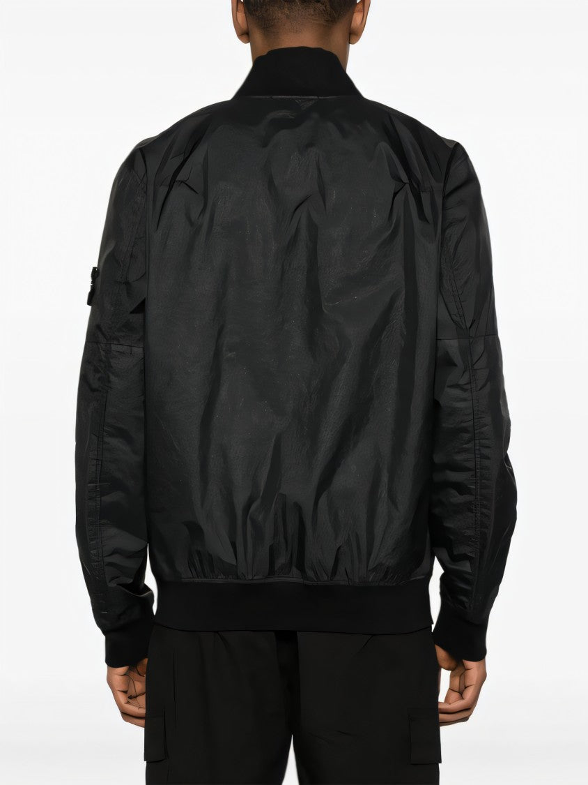 Stone Island Black Leather Jacket With Zip Front And Logo Patch