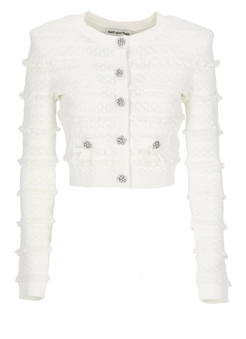 Self-Portrait White Pointelle Diamante Embellished Cardigan