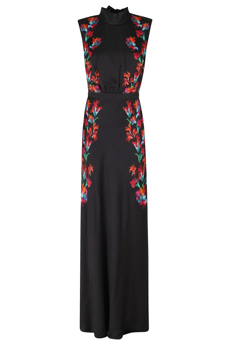 Saloni Black Fleur High-Neck Floral Print Viscose Maxi Dress