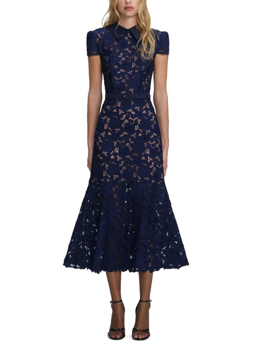 Self-Portrait Navy Guipure Lace Midi Dress With Puff Sleeves