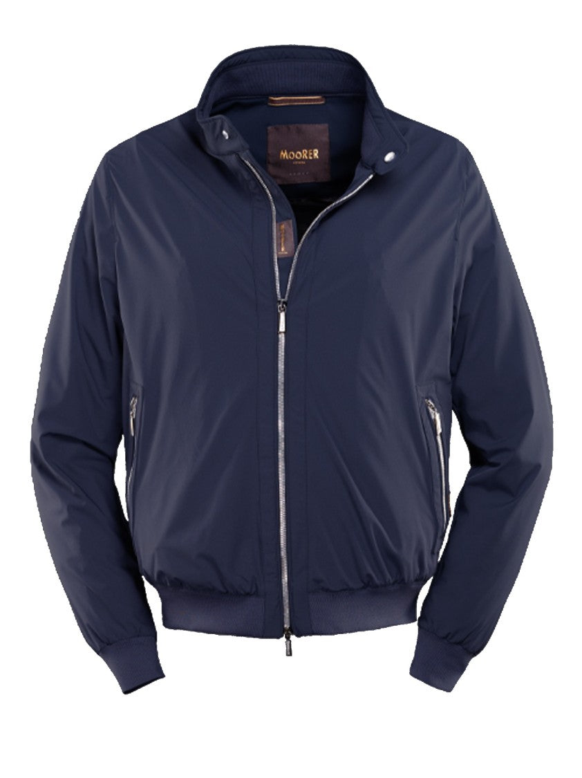 Moorer Moorer Blue Stretch Resin Bomber Jacket With Ribbed Details