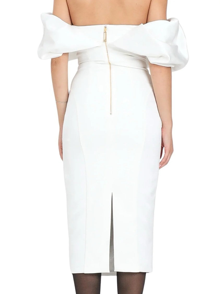 Elisabetta Franchi Bustier Midi Dress With Off-Shoulder Ruffled Sleeves