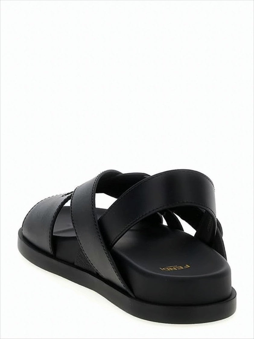 Fendi Crossed Strap Calf Leather Sandals With Gold Accents