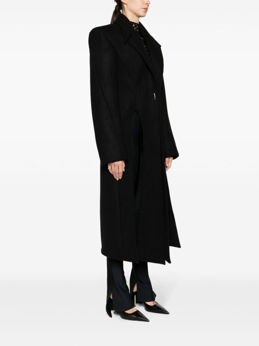 Mugler Asymmetric Hem Black Wool Blend Coat With Cut-Out Detailing