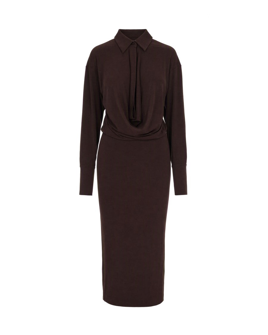 The Andamane Brown Draped Hooded Polyester-Blend Midi Dress