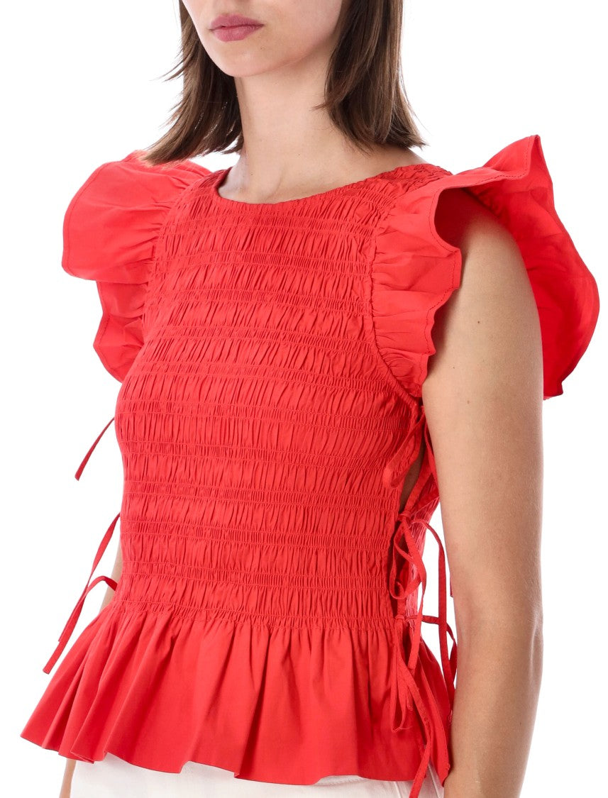 Ganni Red Smocked Top With Ruffled Cap Sleeves